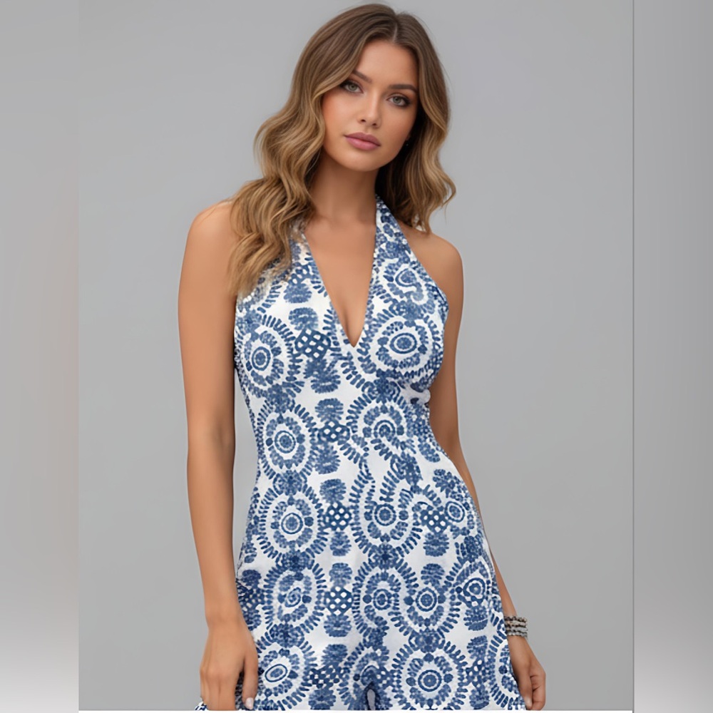 Blue Printed Halter Neck Tie  Romper - Picture 5 of 8